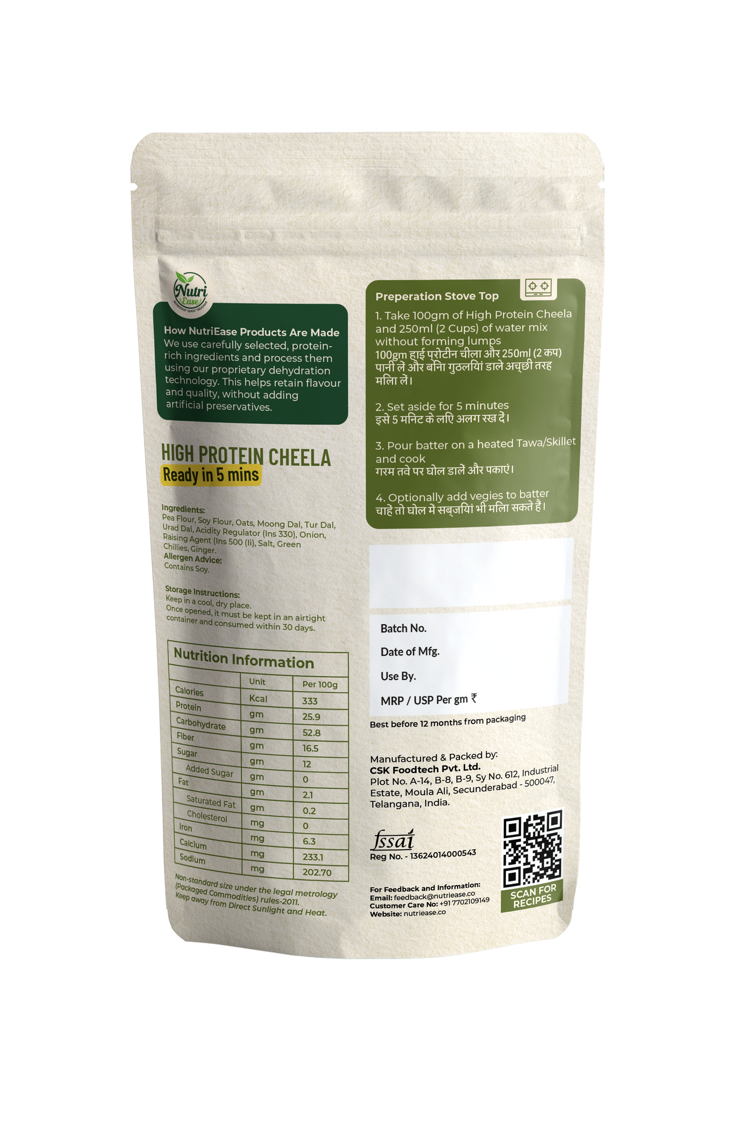 Nutriease High Protein Cheela Instant Breakfast | 26g Protein | Ready to Cook Chilla Mix | Light & Healthy Travel Meal | Just Add Water | No Preservatives | 100g