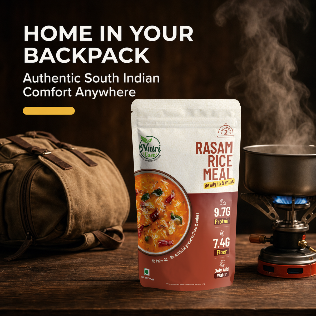 Nutriease Rasam Rice Meal Ready to Cook | Instant Rice Meal | Travel Friendly Food | Just Add Water | 5 Min Meal | No Preservatives | 3 Servings | 100g