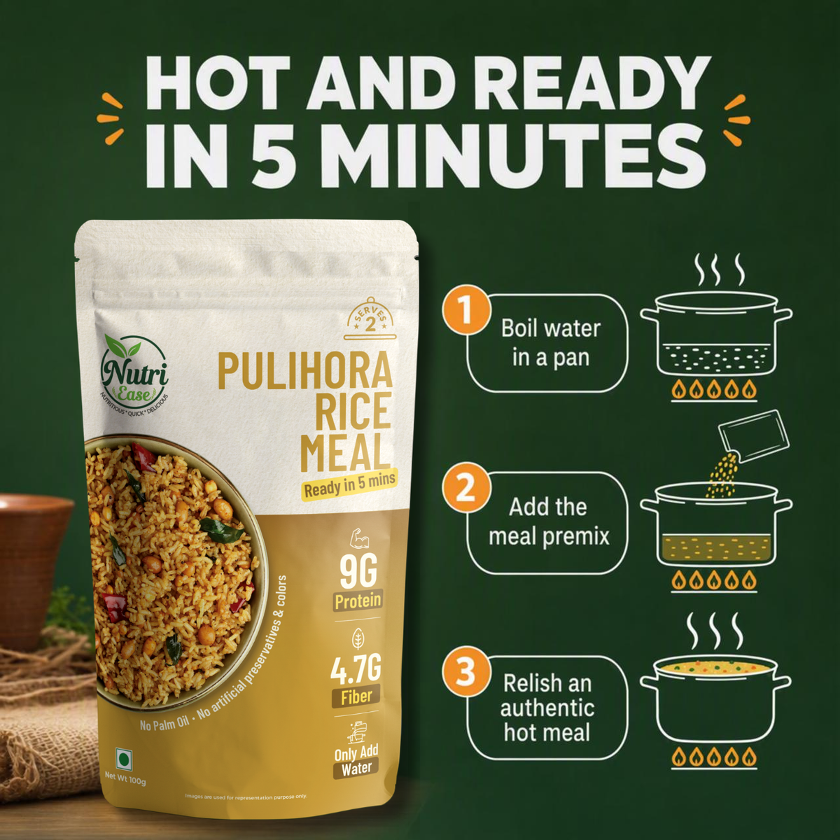 Pulihora Rice Meal Ready to Cook Puliyogare Rice Home Style South Indian Tasty Food, Travel Friendly 100g