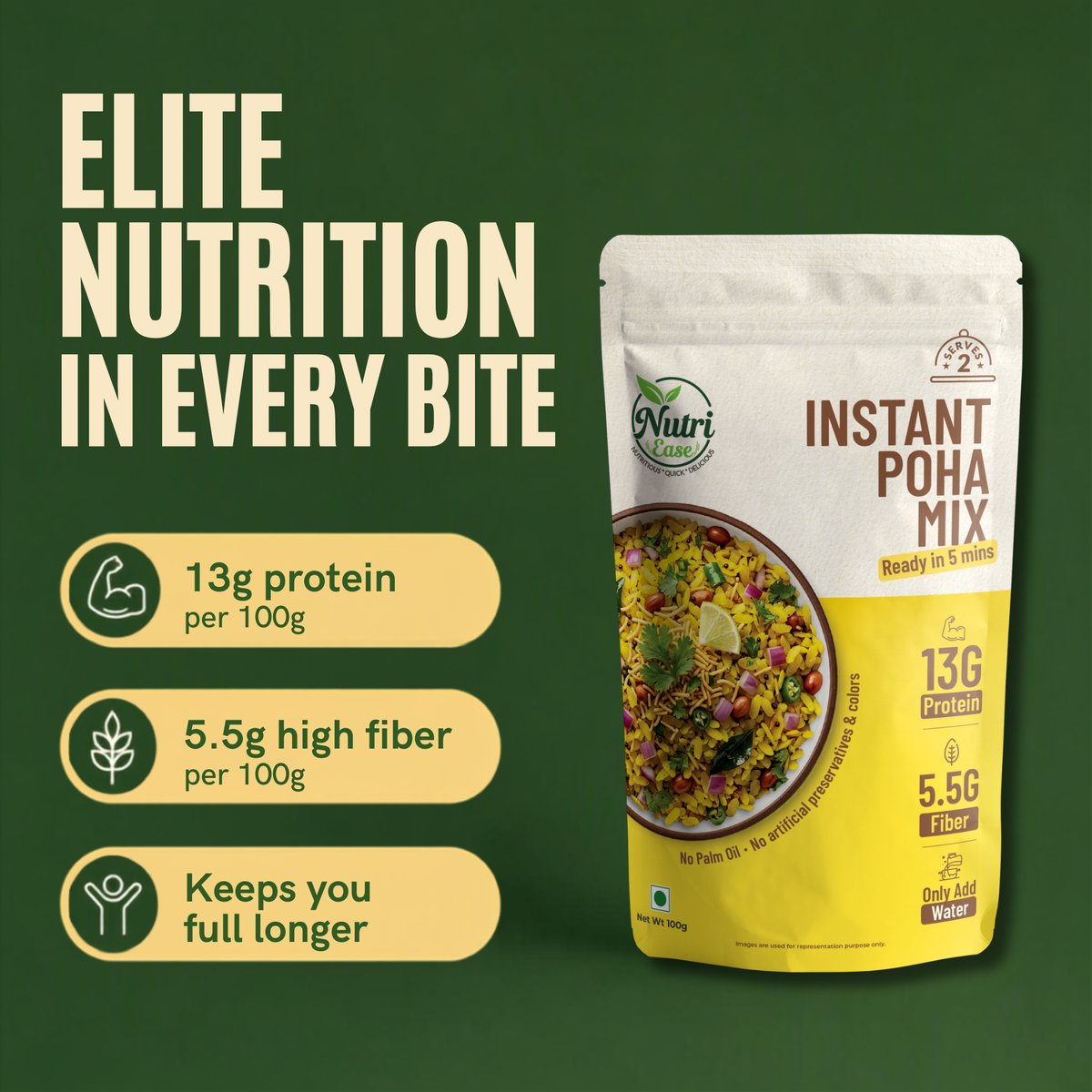 Nutriease Instant Poha Mix Ready to Eat | 13g Protein & 5.5g Fiber | Just Add Water | 5 Minute Meal | Homemade Style Poha Meal | Travel Friendly Food | No Preservatives | 100g