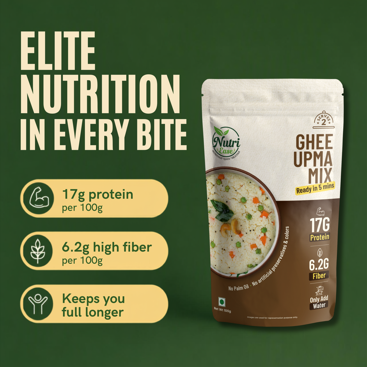 Nutriease High Protein Ghee Upma Ready to Cook | Instant Upma Mix | 17g Protein & 6.2g Fiber | Just Add Water | 5 Minute Meal | Travel Friendly Food | No Preservatives | 100g