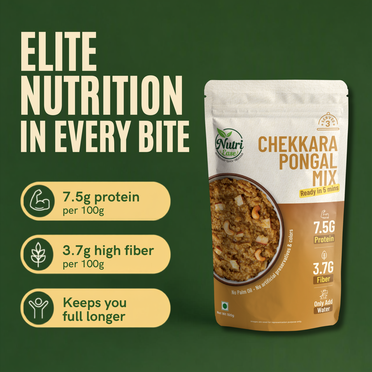 Nutriease Chekkara Pongal Mix Ready to Cook | Instant Sweet Pongal | Just Add Water | Ready in 5 Minutes | Travel Friendly Food | No Palm Oil | 100g