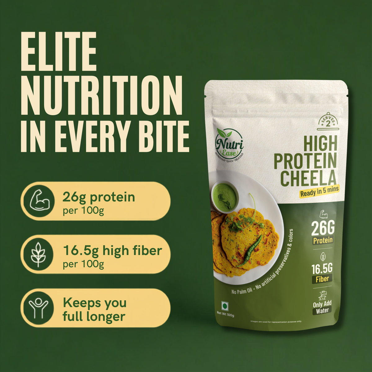 Nutriease High Protein Cheela Instant Breakfast | 26g Protein | Ready to Cook Chilla Mix | Light & Healthy Travel Meal | Just Add Water | No Preservatives | 100g