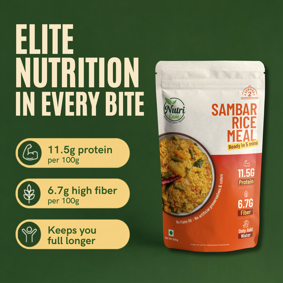 Nutriease Sambar Rice Meal Ready to Cook | High Protein 11.5g & High Fiber 6.7g | Just Add Water | 5 Minute Meal | Travel Friendly Food | No Preservatives | 100g