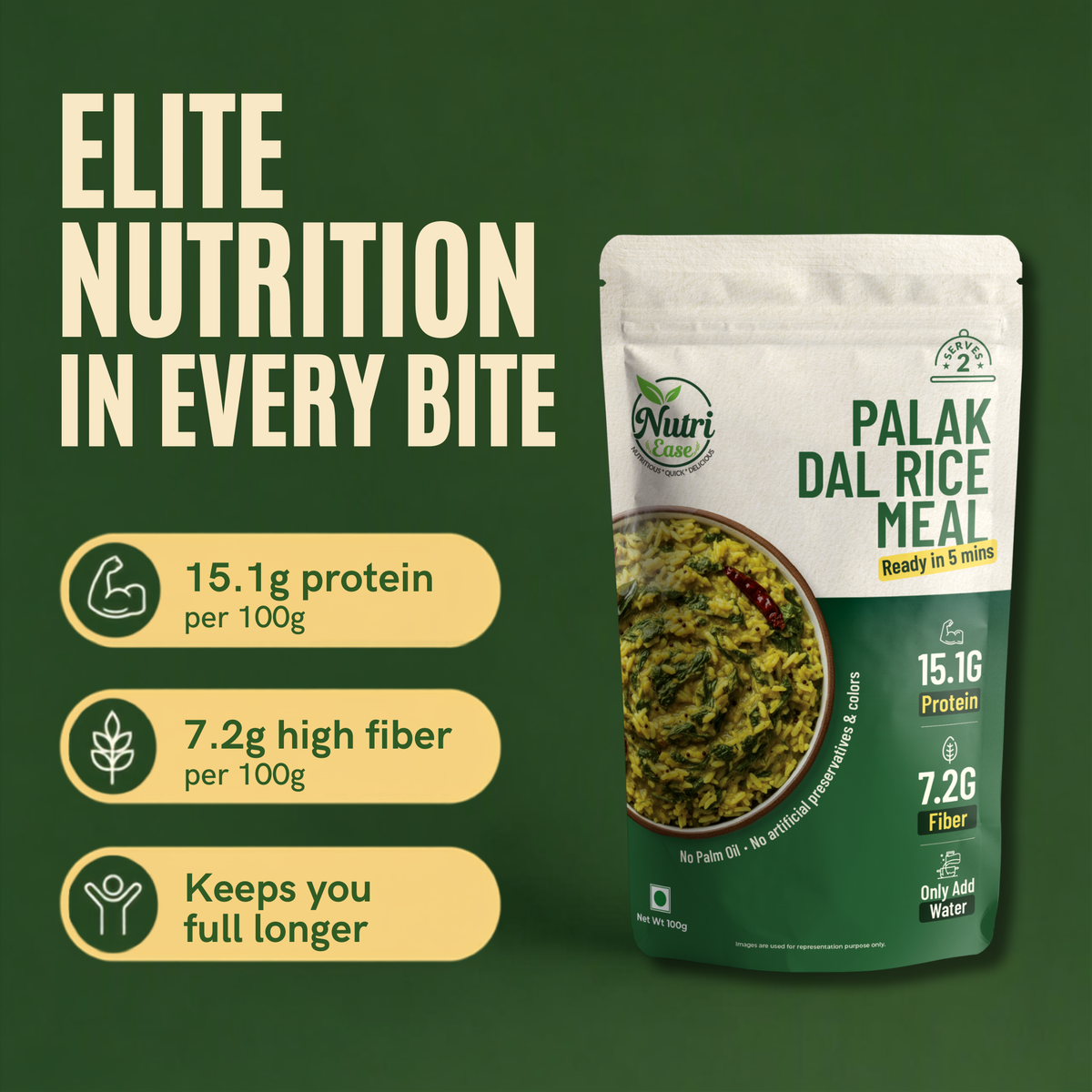 Nutriease High Protein Palak Dal Rice Ready to Cook Meal | High Protein 15.1g & High Fiber 7.2g | Just Add Water | 5 Minute Cooking | Travel Friendly Food | No Artificial Preservatives & Colors | 100g