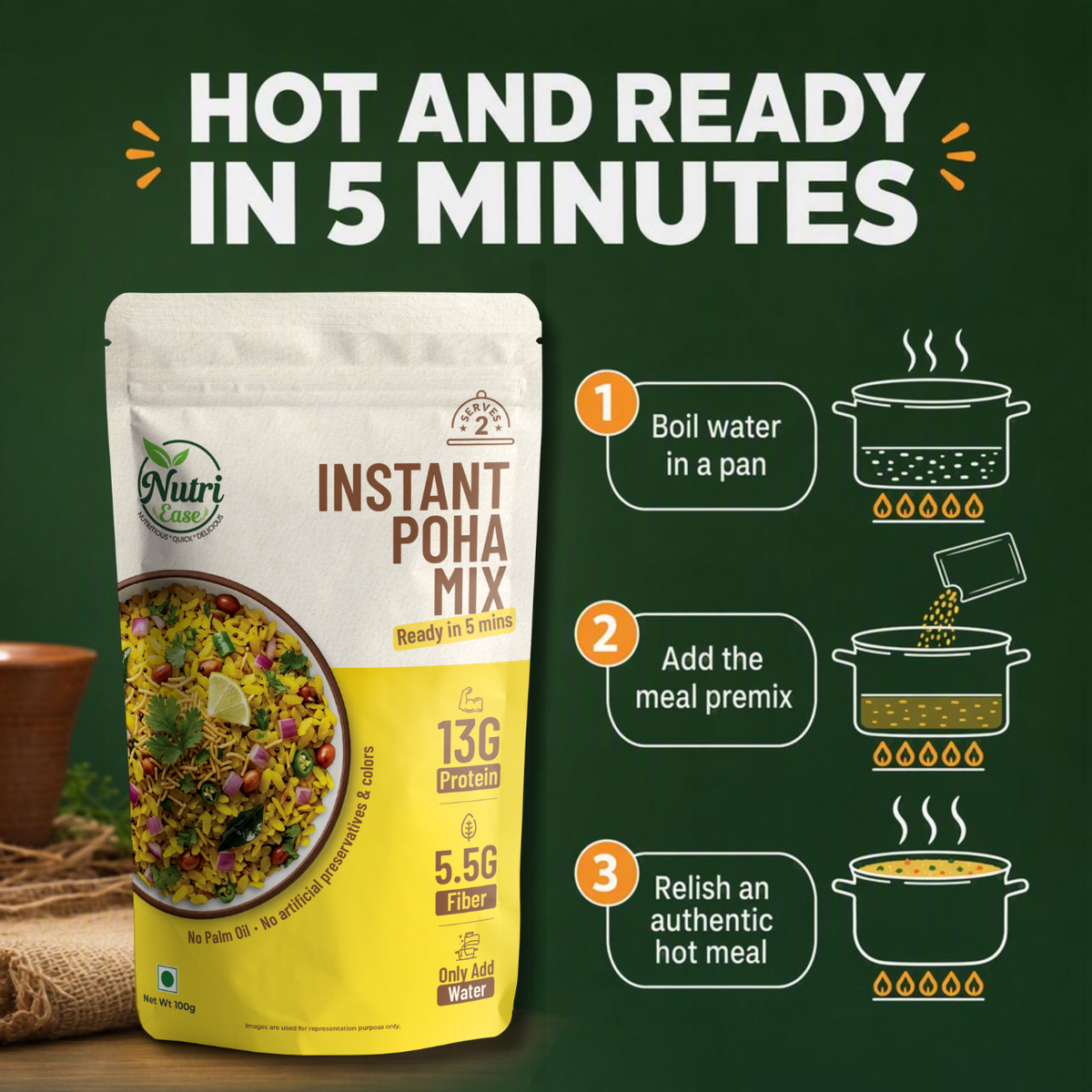 Nutriease Instant Poha Mix Ready to Eat | 13g Protein & 5.5g Fiber | Just Add Water | 5 Minute Meal | Homemade Style Poha Meal | Travel Friendly Food | No Preservatives | 100g
