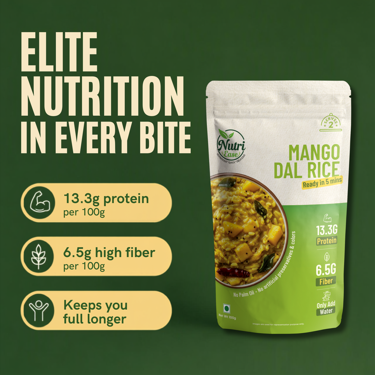 Nutriease Mango Dal Rice Instant Rice Meal | Ready to Cook Food | 13.3g Protein & 6.5g Fiber | Just Add Water | Travel Friendly Meal | 5 Min Cooking | No Preservatives |100g