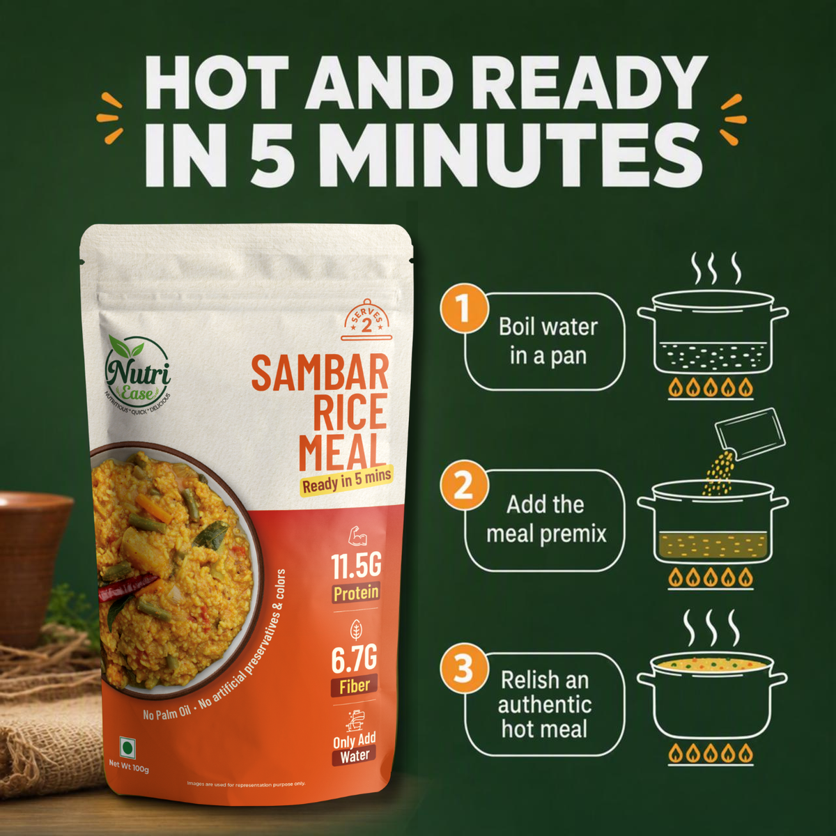 Nutriease Sambar Rice Meal Ready to Cook | High Protein 11.5g & High Fiber 6.7g | Just Add Water | 5 Minute Meal | Travel Friendly Food | No Preservatives | 100g