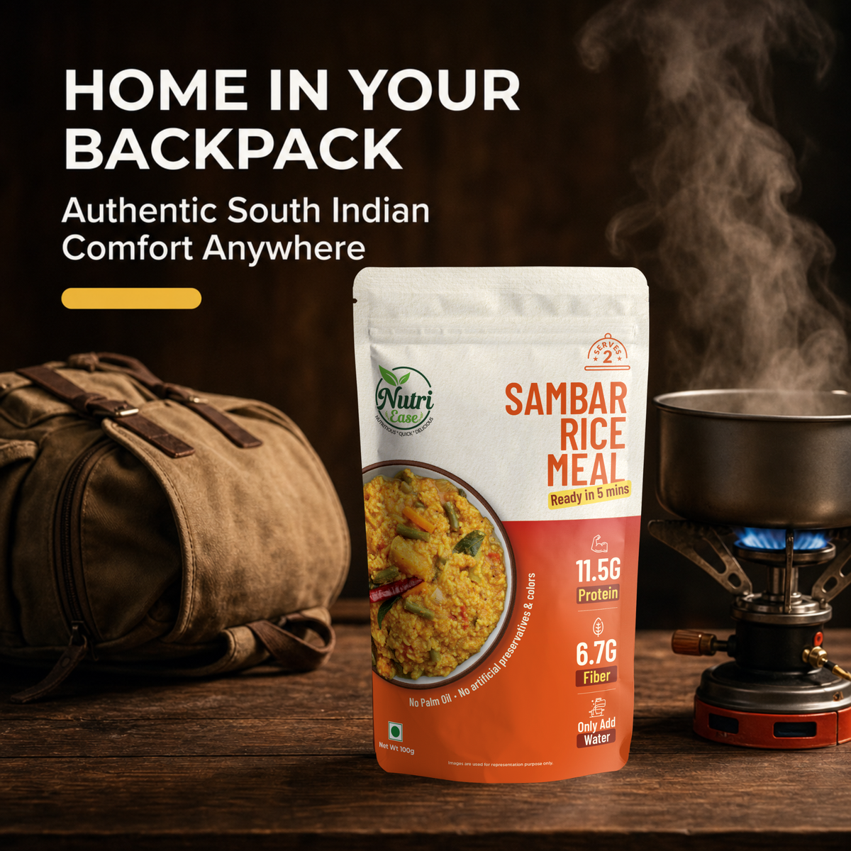 Nutriease Sambar Rice Meal Ready to Cook | High Protein 11.5g & High Fiber 6.7g | Just Add Water | 5 Minute Meal | Travel Friendly Food | No Preservatives | 100g