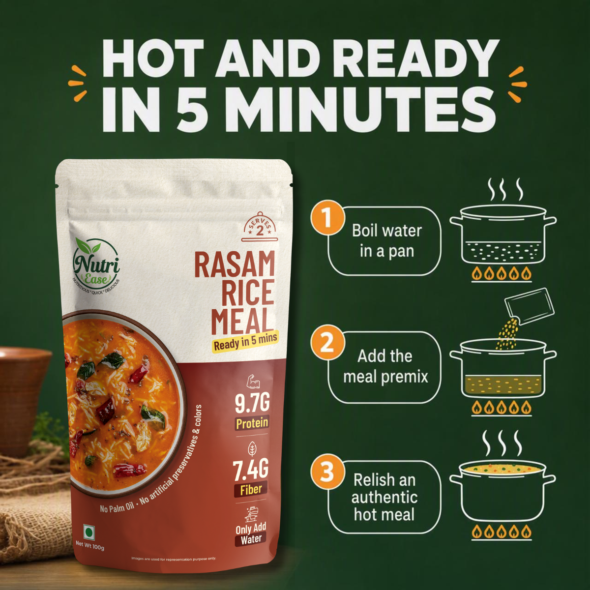 Nutriease Rasam Rice Meal Ready to Cook | Instant Rice Meal | Travel Friendly Food | Just Add Water | 5 Min Meal | No Preservatives | 3 Servings | 100g