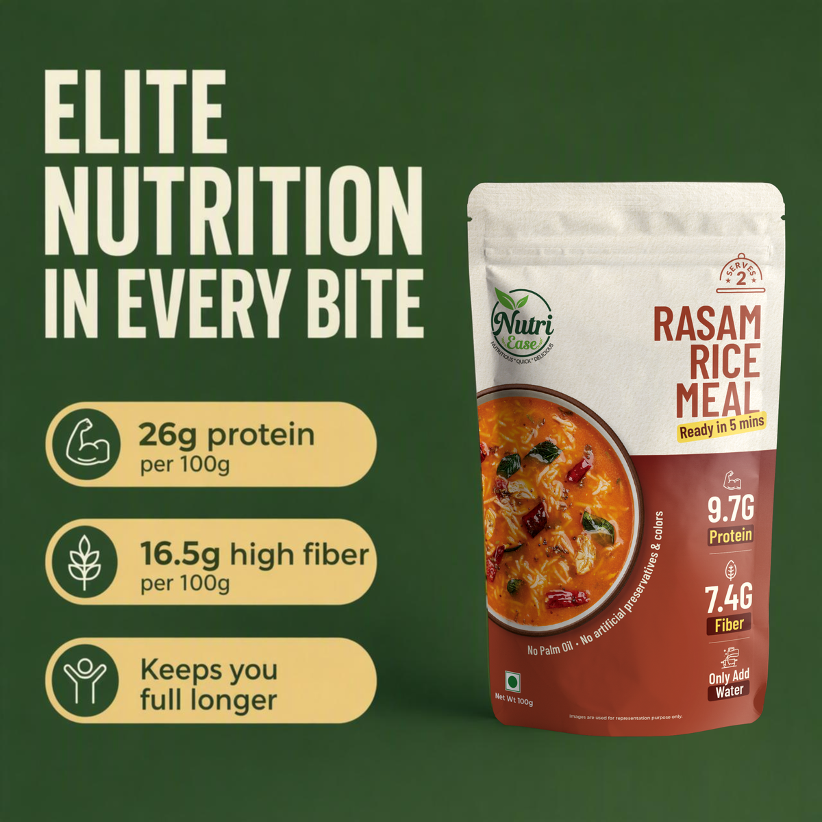 Nutriease Rasam Rice Meal Ready to Cook | Instant Rice Meal | Travel Friendly Food | Just Add Water | 5 Min Meal | No Preservatives | 3 Servings | 100g