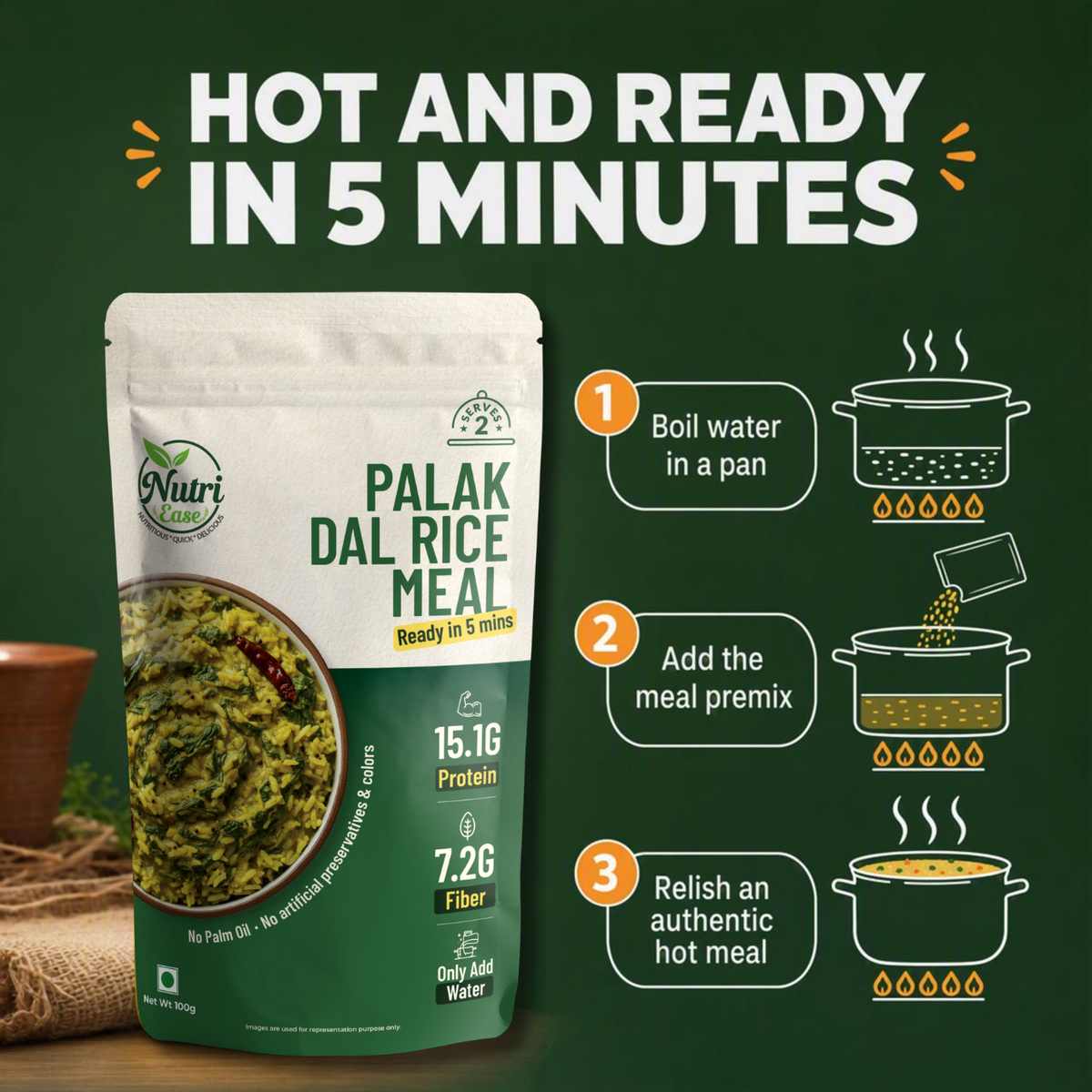Nutriease High Protein Palak Dal Rice Ready to Cook Meal | High Protein 15.1g & High Fiber 7.2g | Just Add Water | 5 Minute Cooking | Travel Friendly Food | No Artificial Preservatives & Colors | 100g