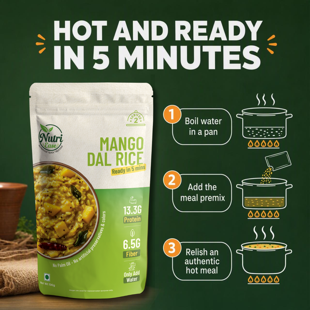 Nutriease Mango Dal Rice Instant Rice Meal | Ready to Cook Food | 13.3g Protein & 6.5g Fiber | Just Add Water | Travel Friendly Meal | 5 Min Cooking | No Preservatives |100g