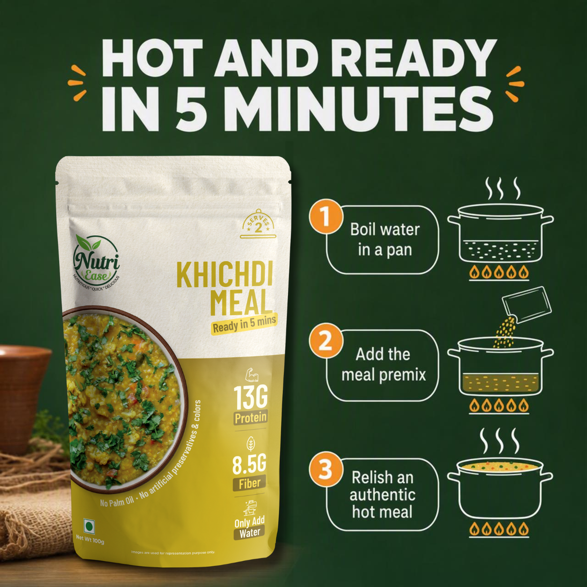 Nutriease Khichdi Meal Ready to Cook | High Protein Khichidi Mix |13g Protein | Just Add Water | 5 Min Cooking | Travel Friendly Meal | No Preservatives |100g