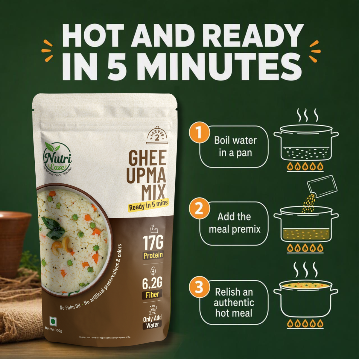 Nutriease High Protein Ghee Upma Ready to Cook | Instant Upma Mix | 17g Protein & 6.2g Fiber | Just Add Water | 5 Minute Meal | Travel Friendly Food | No Preservatives | 100g