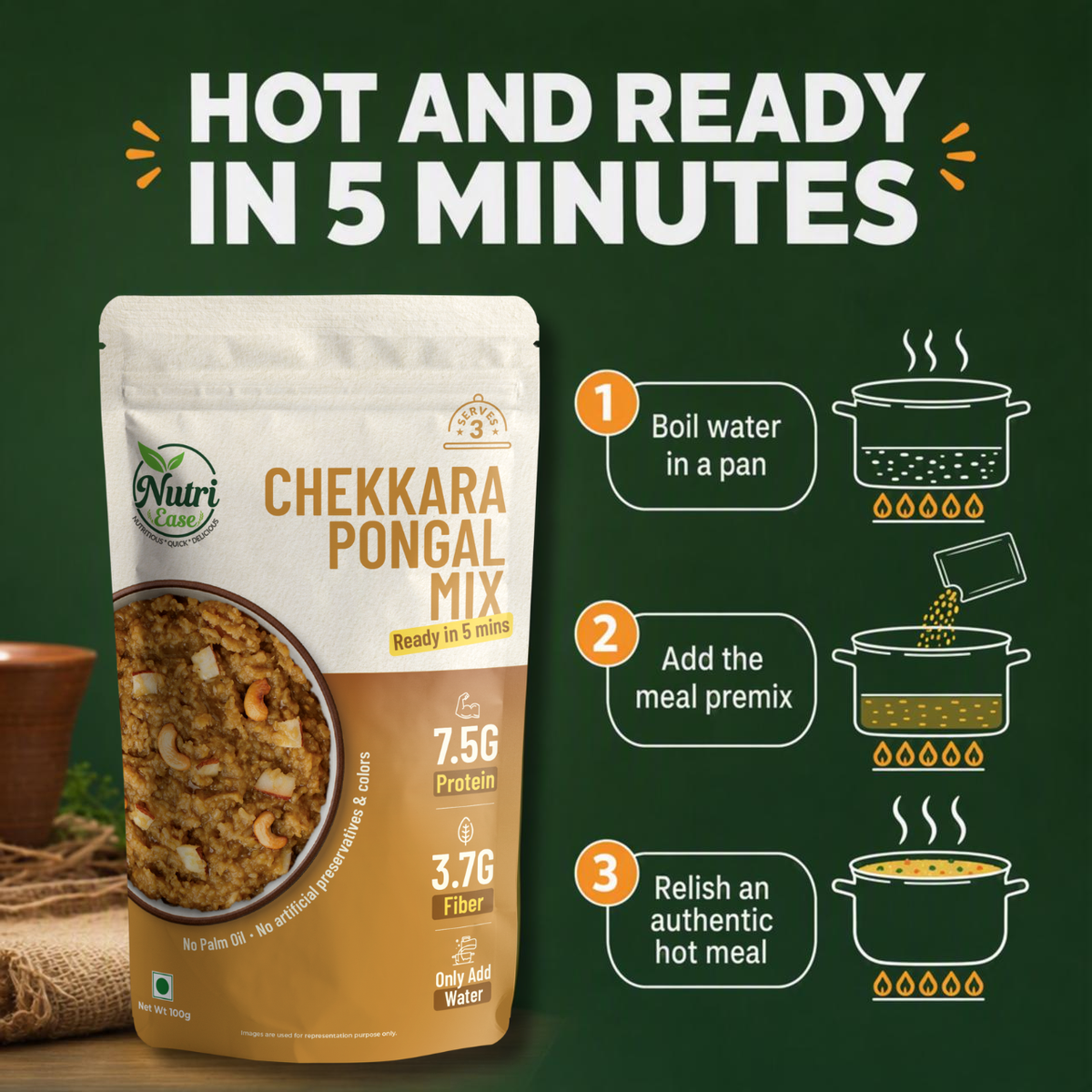 Nutriease Chekkara Pongal Mix Ready to Cook | Instant Sweet Pongal | Just Add Water | Ready in 5 Minutes | Travel Friendly Food | No Palm Oil | 100g