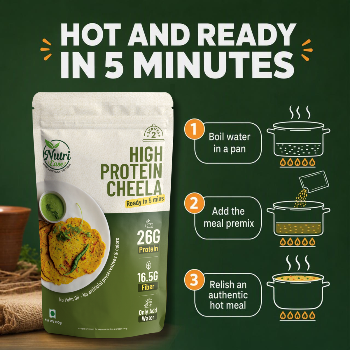 Nutriease High Protein Cheela Instant Breakfast | 26g Protein | Ready to Cook Chilla Mix | Light & Healthy Travel Meal | Just Add Water | No Preservatives | 100g