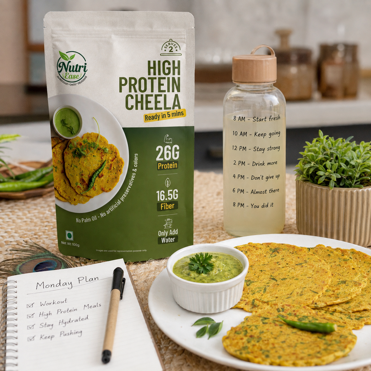 Nutriease High Protein Cheela Instant Breakfast | 26g Protein | Ready to Cook Chilla Mix | Light & Healthy Travel Meal | Just Add Water | No Preservatives | 100g