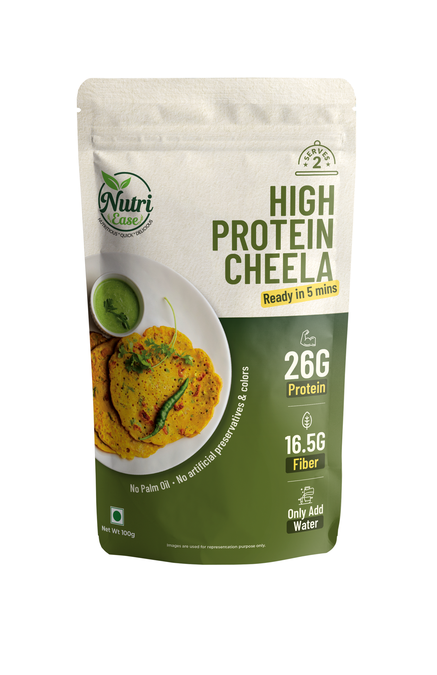 Nutriease High Protein Cheela Instant Breakfast | 26g Protein | Ready to Cook Chilla Mix | Light & Healthy Travel Meal | Just Add Water | No Preservatives | 100g
