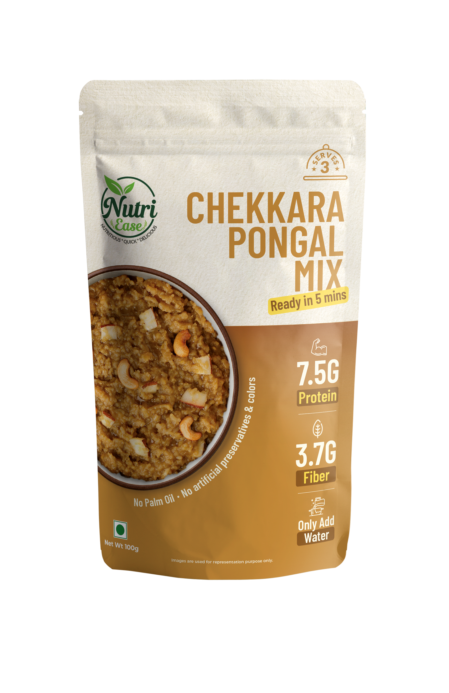 Nutriease Chekkara Pongal Mix Ready to Cook | Instant Sweet Pongal | Just Add Water | Ready in 5 Minutes | Travel Friendly Food | No Palm Oil | 100g