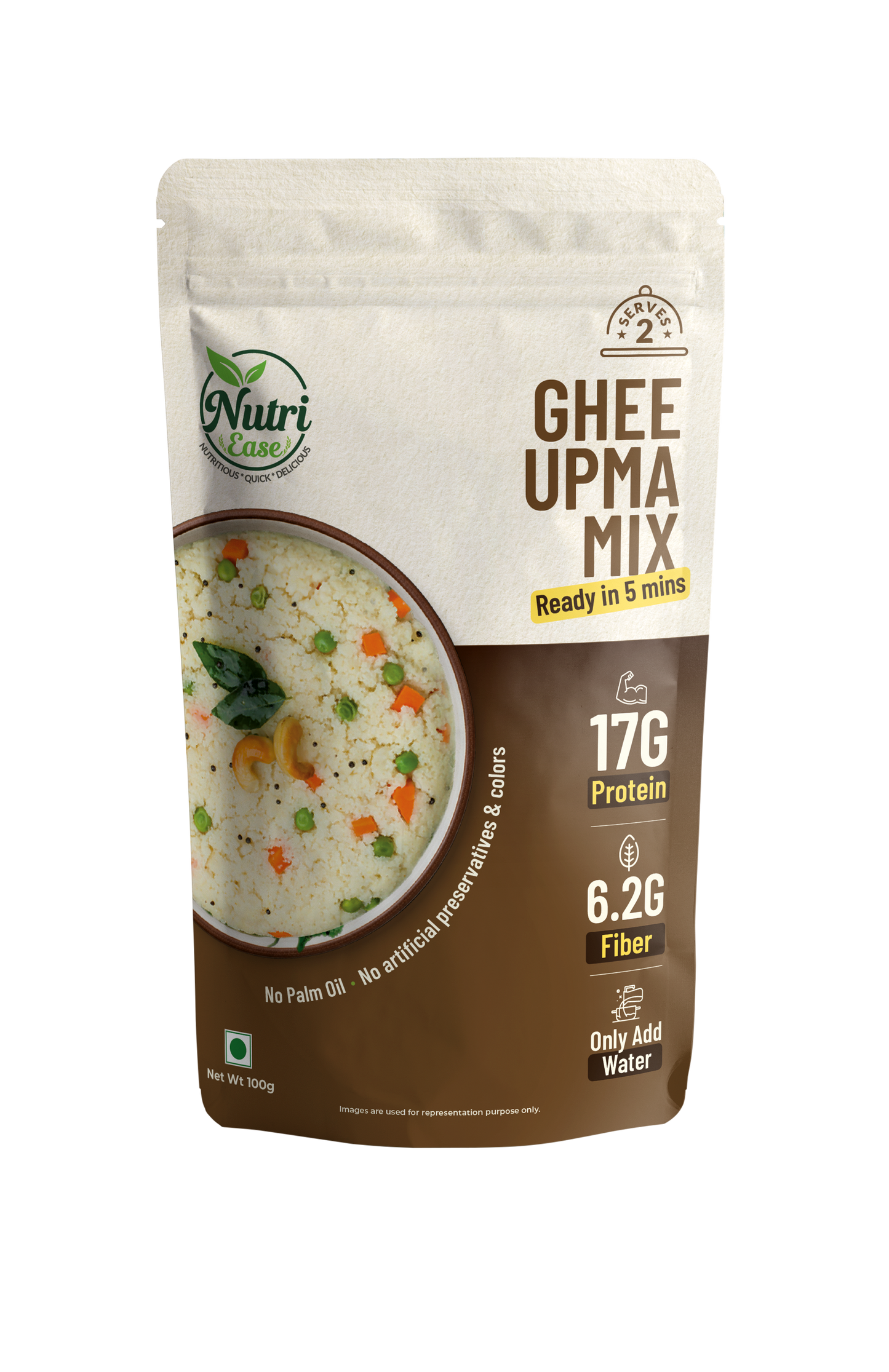 Nutriease High Protein Ghee Upma Ready to Cook | Instant Upma Mix | 17g Protein & 6.2g Fiber | Just Add Water | 5 Minute Meal | Travel Friendly Food | No Preservatives | 100g