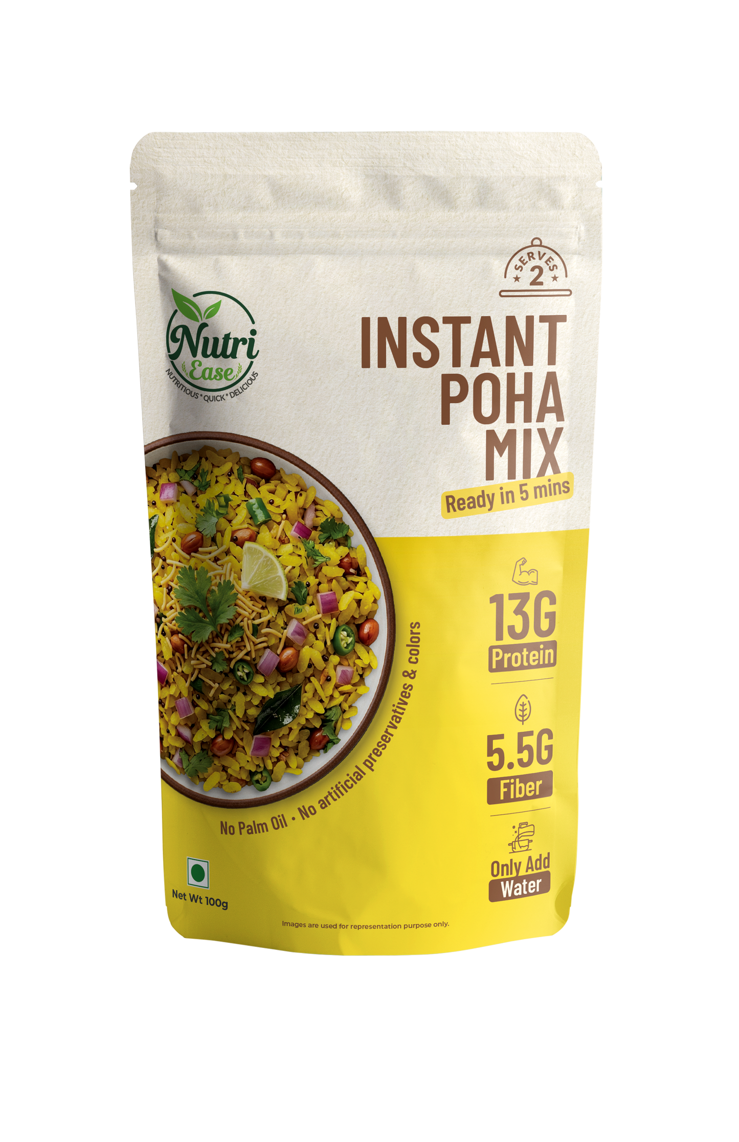 Nutriease Instant Poha Mix Ready to Cook | 13g Protein & 5.5g Fiber | Just Add Water | 5 Minute Meal | Homemade Style Poha Meal | Travel Friendly Food | No Preservatives | 100g