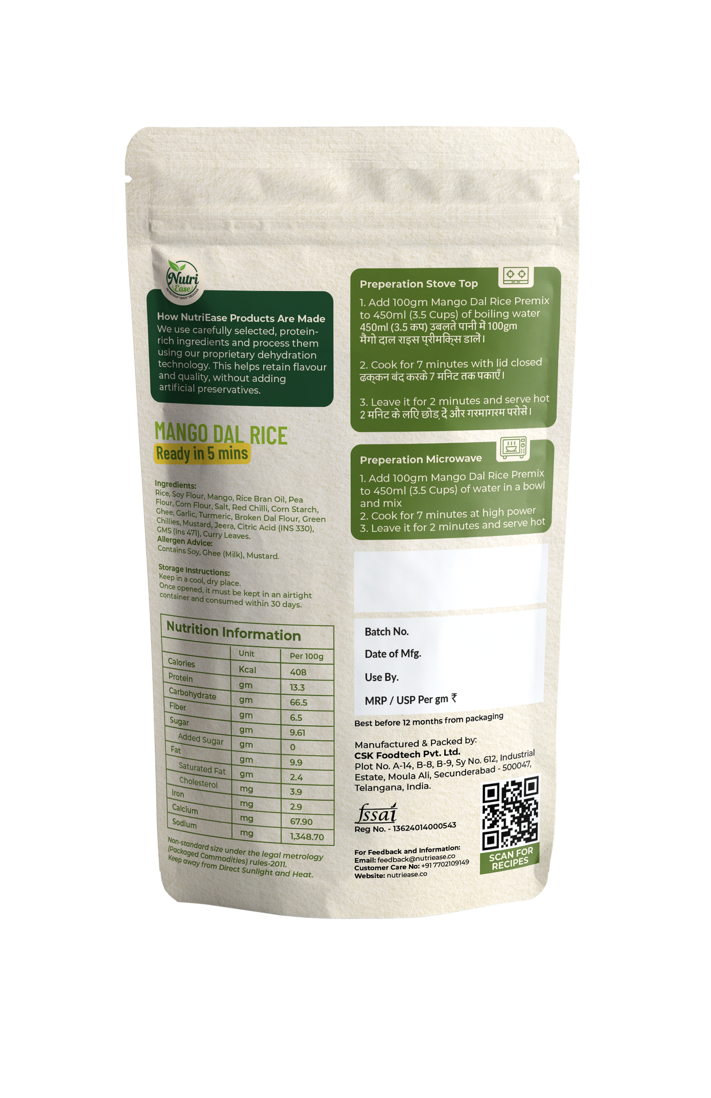 Nutriease Mango Dal Rice Instant Rice Meal | Ready to Cook Food | 13.3g Protein & 6.5g Fiber | Just Add Water | Travel Friendly Meal | 5 Min Cooking | No Preservatives |100g