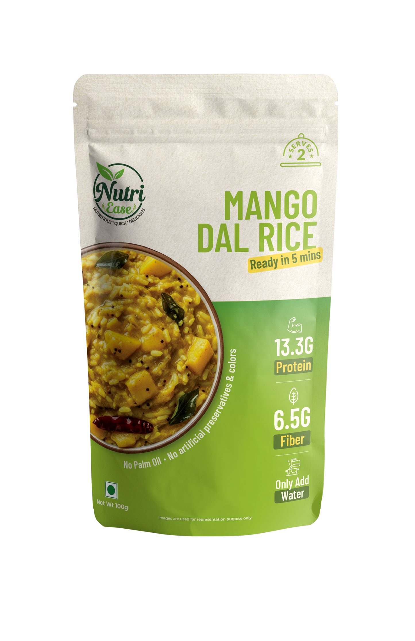 Nutriease Mango Dal Rice Instant Rice Meal | Ready to Cook Food | 13.3g Protein & 6.5g Fiber | Just Add Water | Travel Friendly Meal | 5 Min Cooking | No Preservatives |100g