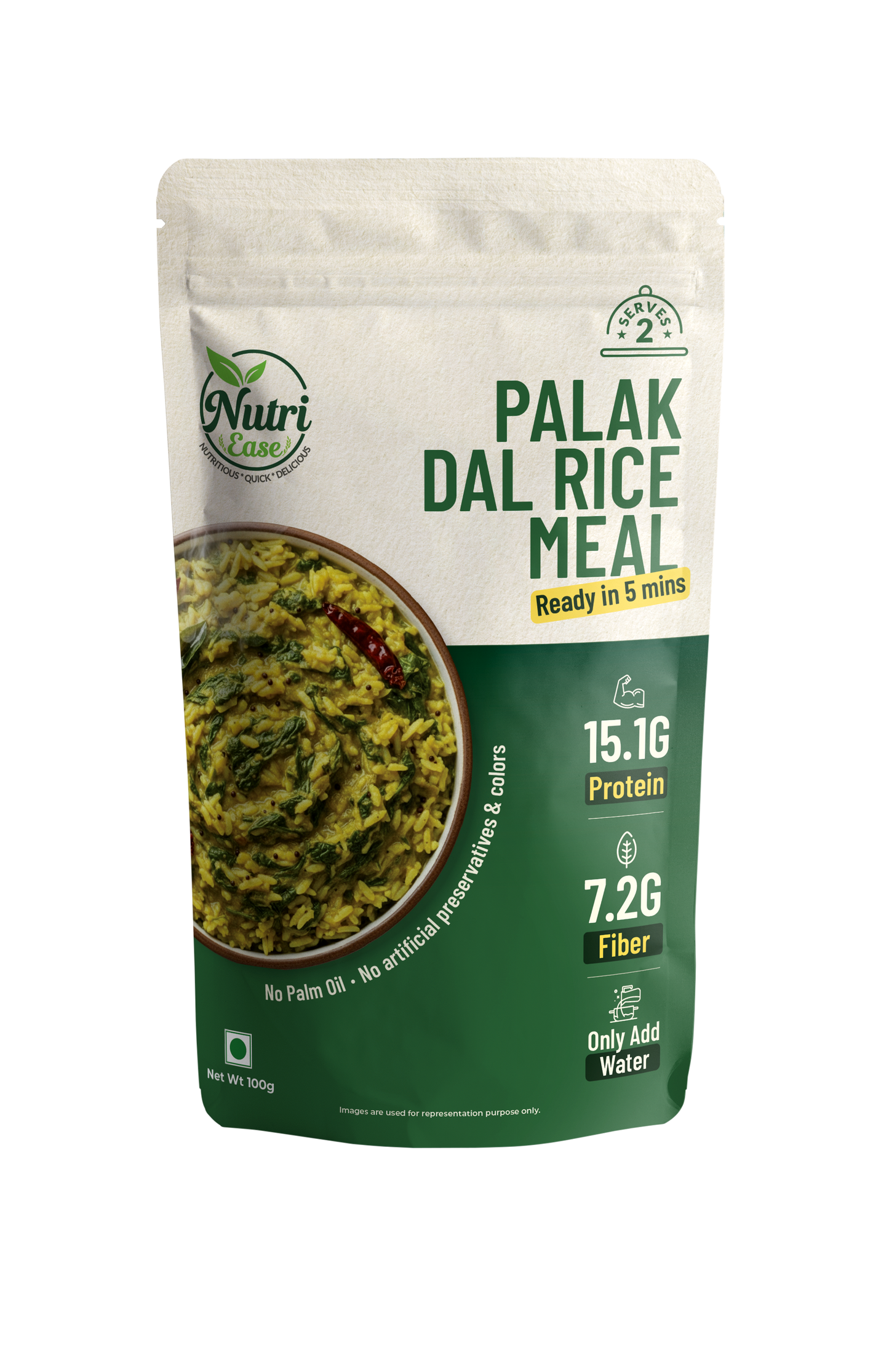 Nutriease High Protein Palak Dal Rice Ready to Cook Meal | High Protein 15.1g & High Fiber 7.2g | Just Add Water | 5 Minute Cooking | Travel Friendly Food | No Artificial Preservatives & Colors | 100g
