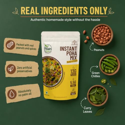 Nutriease Instant Poha Mix Ready to Eat | 13g Protein & 5.5g Fiber | Just Add Water | 5 Minute Meal | Homemade Style Poha Meal | Travel Friendly Food | No Preservatives | 100g
