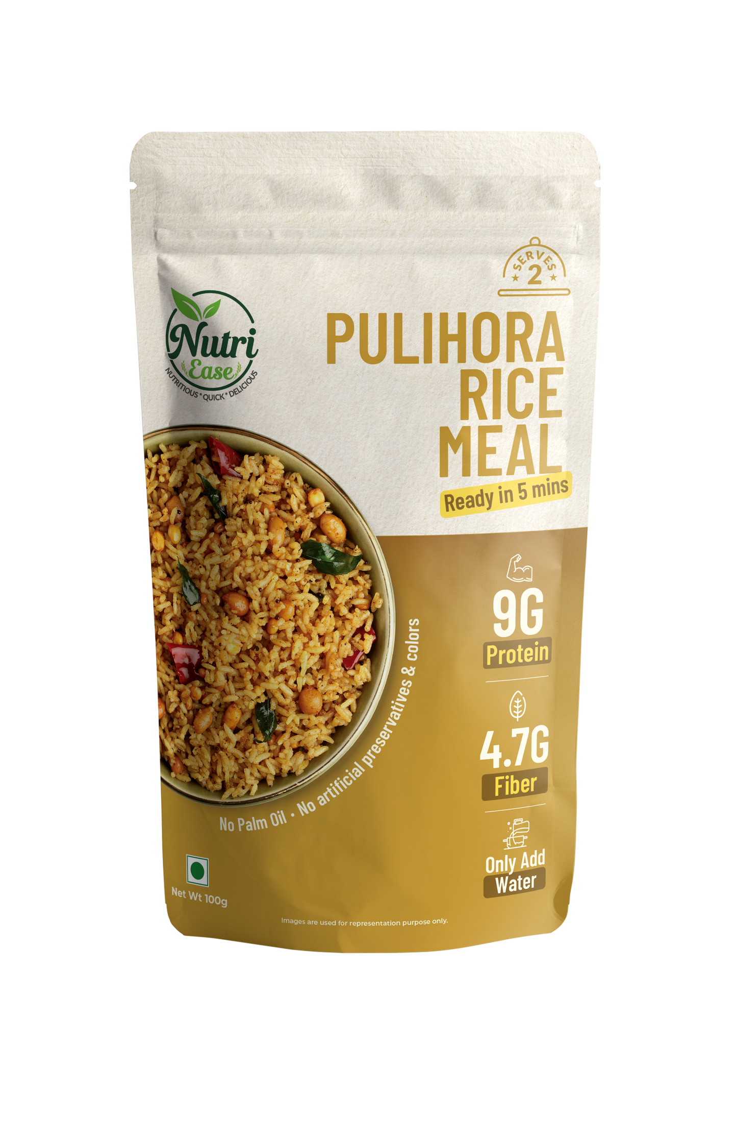 Nutriease Instant Pulihora Rice Meal | Ready to Cook Homemade Style South Indian Rice | Just Add Water | 5 Min Cooking | Travel Friendly Instant Meal | No Preservatives | 100g