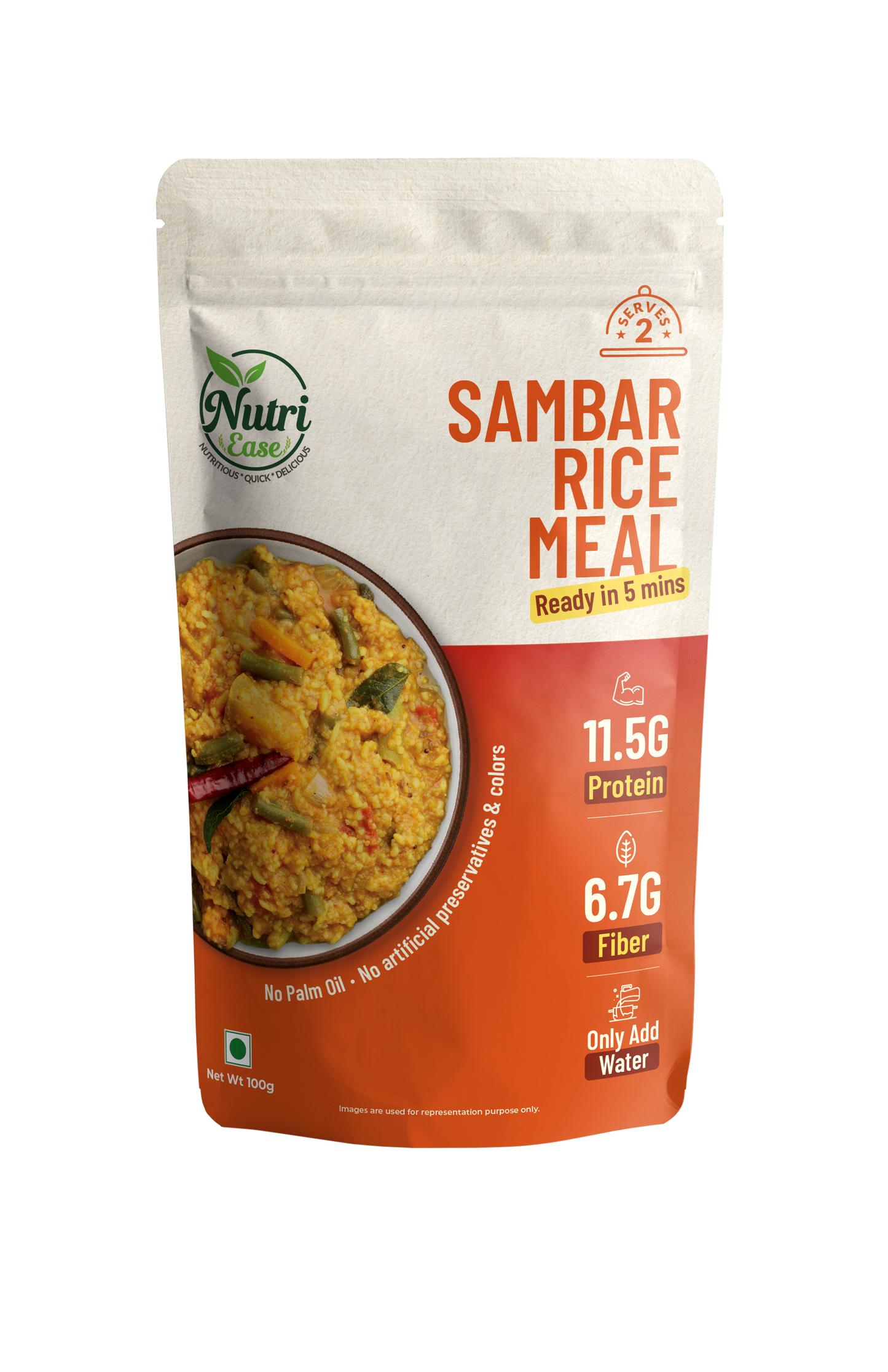 Nutriease Sambar Rice Meal Ready to Cook | High Protein 11.5g & High Fiber 6.7g | Just Add Water | 5 Minute Meal | Travel Friendly Food | No Preservatives | 100g