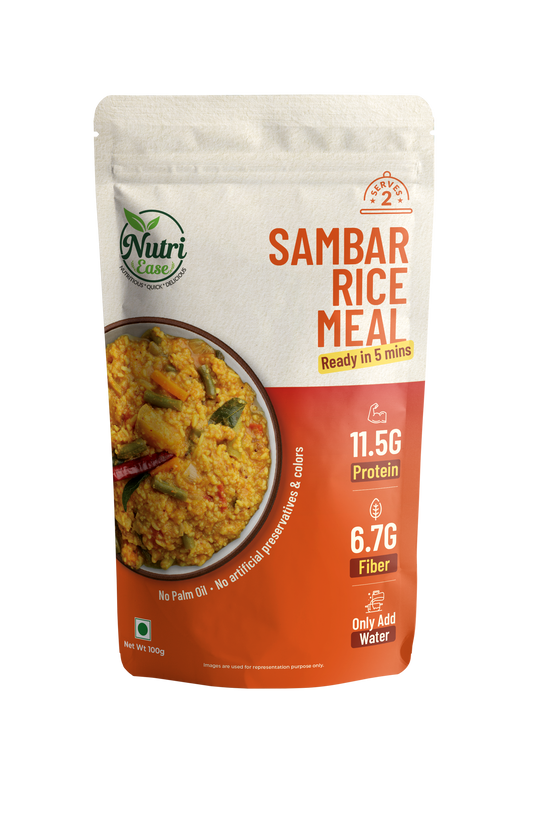 Nutriease Sambar Rice Meal Ready to Cook | High Protein 11.5g & High Fiber 6.7g | Just Add Water | 5 Minute Meal | Travel Friendly Food | No Preservatives | 100g