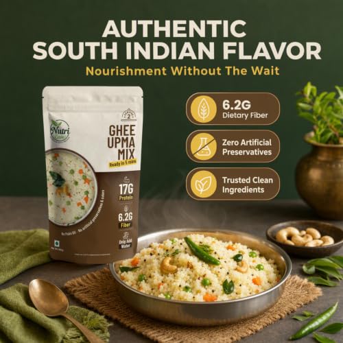Nutriease High Protein Ghee Upma Ready to Cook | Instant Upma Mix | 17g Protein & 6.2g Fiber | Just Add Water | 5 Minute Meal | Travel Friendly Food | No Preservatives | 100g