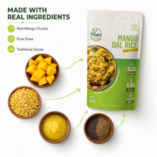 Nutriease Mango Dal Rice Instant Rice Meal | Ready to Cook Food | 13.3g Protein & 6.5g Fiber | Just Add Water | Travel Friendly Meal | 5 Min Cooking | No Preservatives |100g