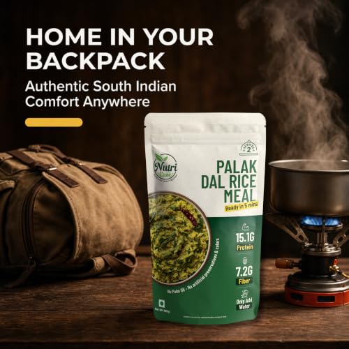 Nutriease High Protein Palak Dal Rice Ready to Cook Meal | High Protein 15.1g & High Fiber 7.2g | Just Add Water | 5 Minute Cooking | Travel Friendly Food | No Artificial Preservatives & Colors | 100g