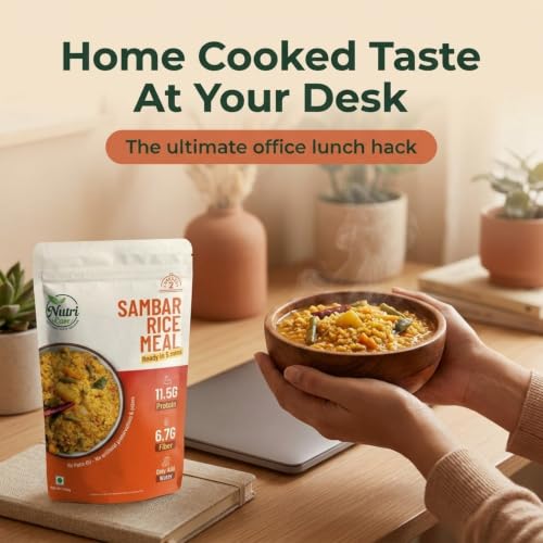 Nutriease Sambar Rice Meal Ready to Cook | High Protein 11.5g & High Fiber 6.7g | Just Add Water | 5 Minute Meal | Travel Friendly Food | No Preservatives | 100g
