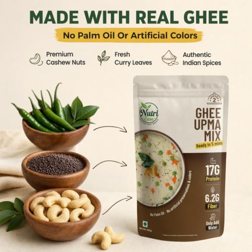 Nutriease High Protein Ghee Upma Ready to Cook | Instant Upma Mix | 17g Protein & 6.2g Fiber | Just Add Water | 5 Minute Meal | Travel Friendly Food | No Preservatives | 100g